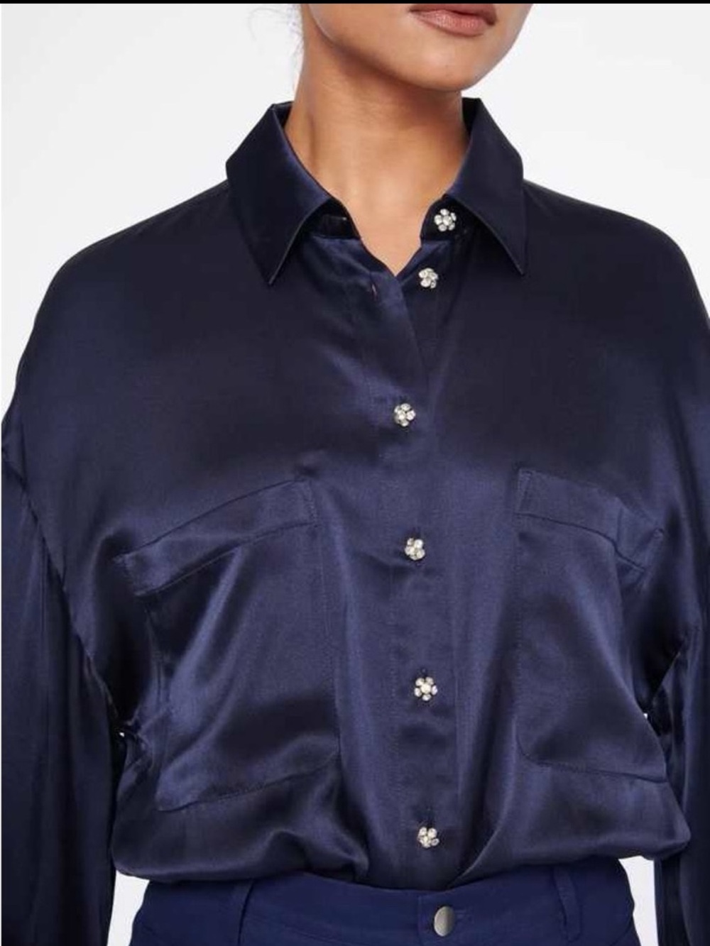 Cami NYC Belkis Silk Button-Up Blouse Bodysuit Rhinestone Button Luxe Glam
